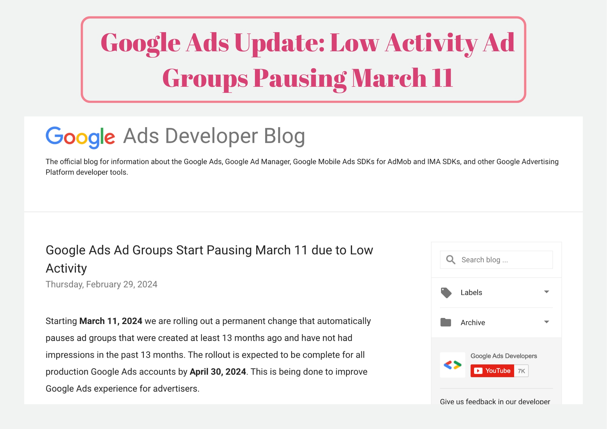 Google Ads Update Low Activity Ad Groups Pausing March 11
